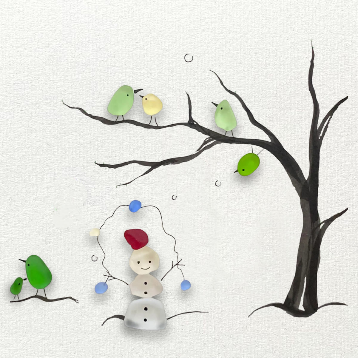 Winter Wonder Smiles Snowman and Birds Sea Glass Framed Art - image 9