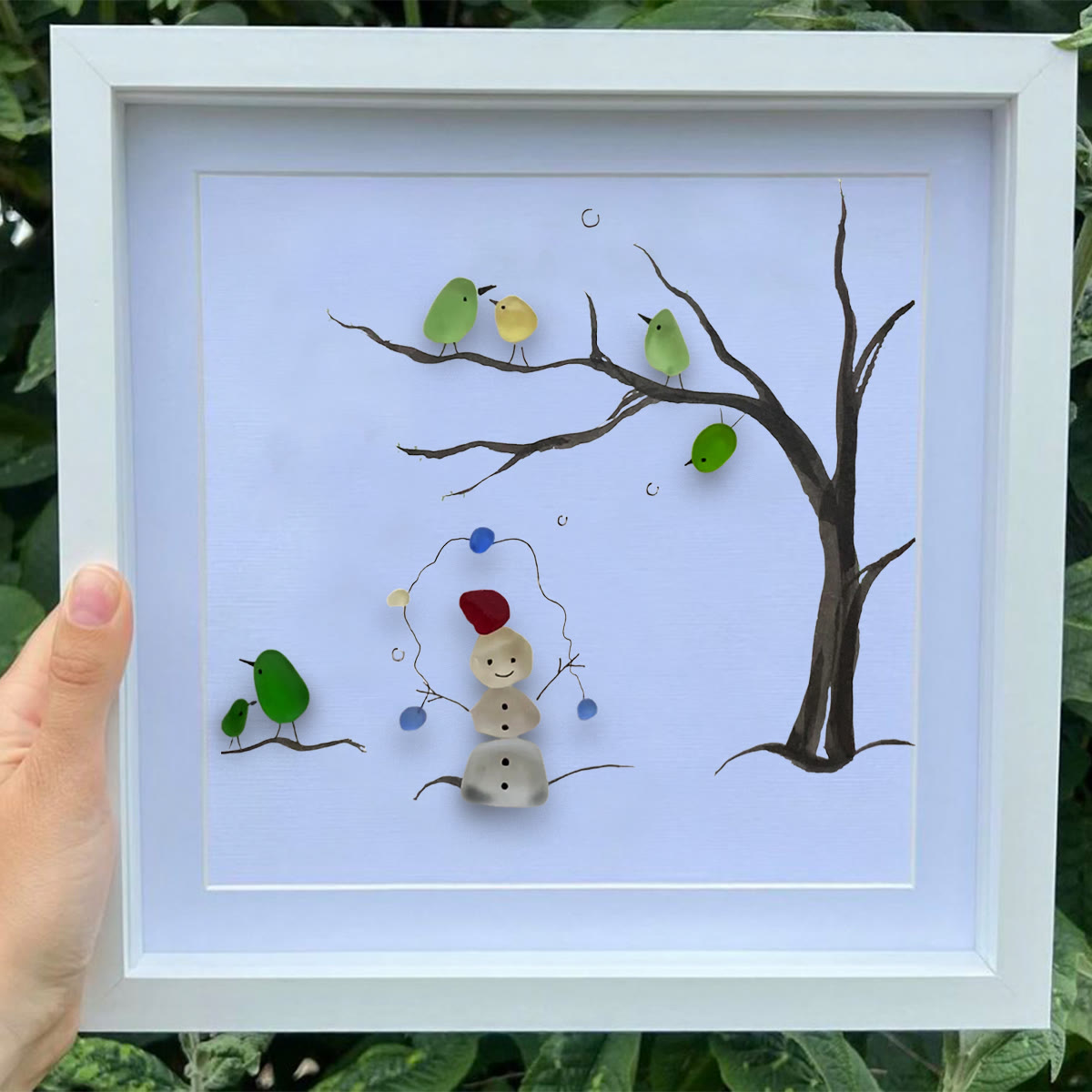 Winter Wonder Smiles Snowman and Birds Sea Glass Framed Art - image 2