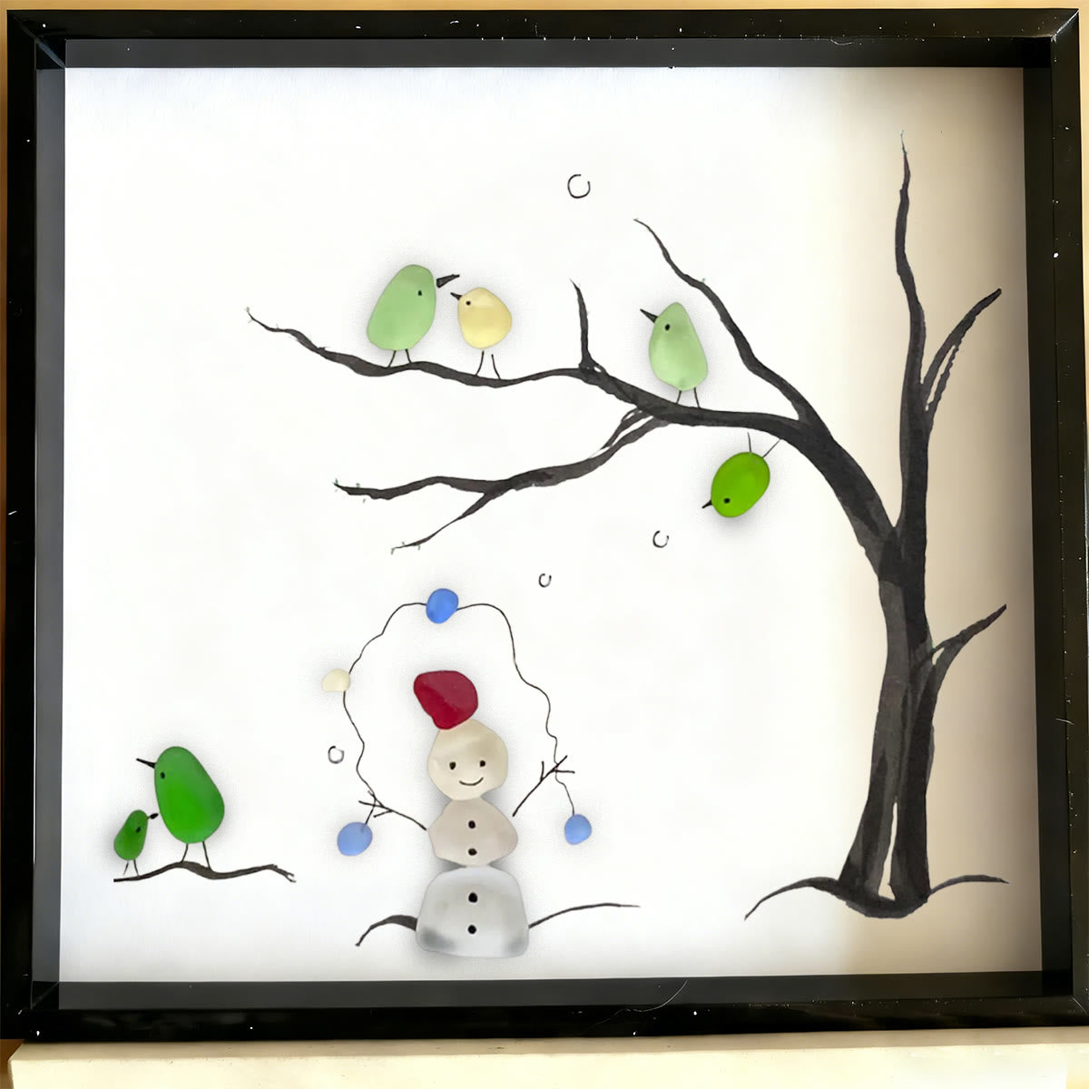 Winter Wonder Smiles Snowman and Birds Sea Glass Framed Art - image 6