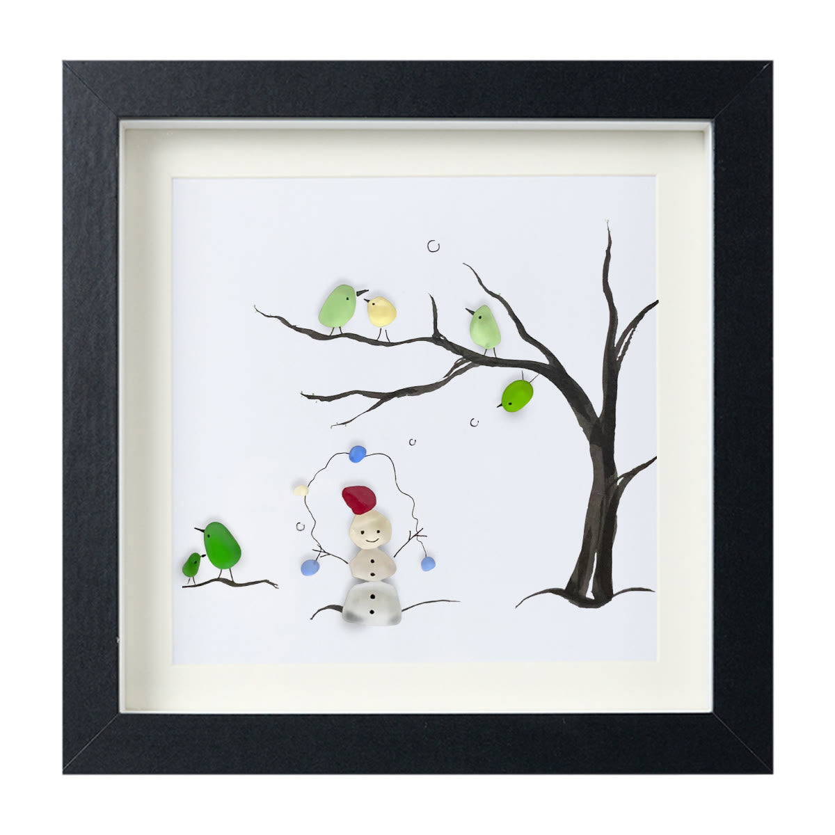 Winter Wonder Smiles Snowman and Birds Sea Glass Framed Art - Black - 8" X 8" - image 12