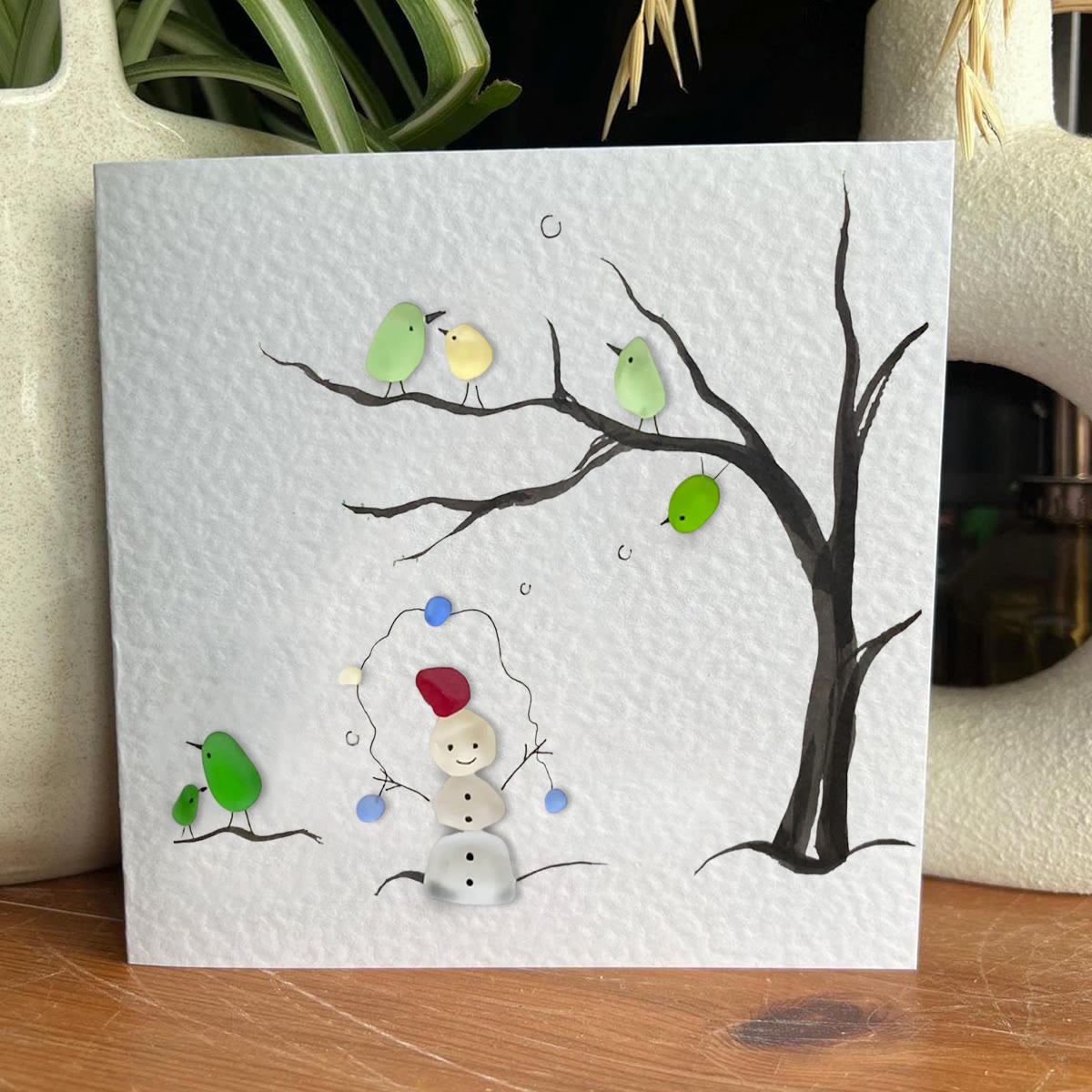 Winter Wonder Smiles Snowman and Birds Sea Glass Framed Art - Seaglass Card - 8" X 8" - image 1