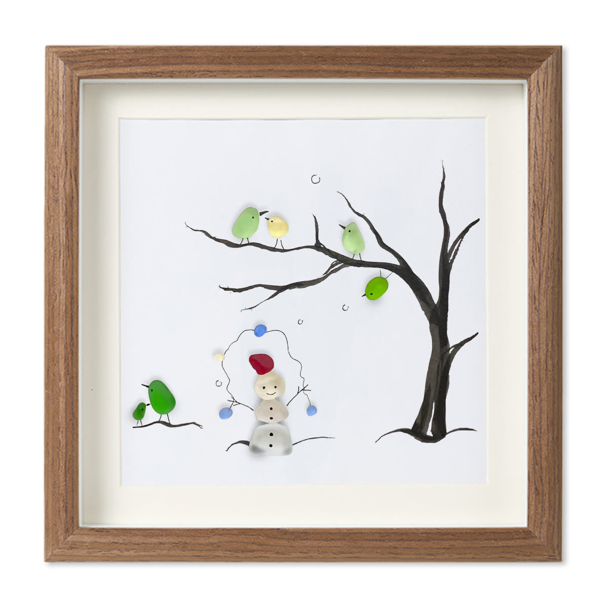Winter Wonder Smiles Snowman and Birds Sea Glass Framed Art - Walnut Brown - 8" X 8" - image 11
