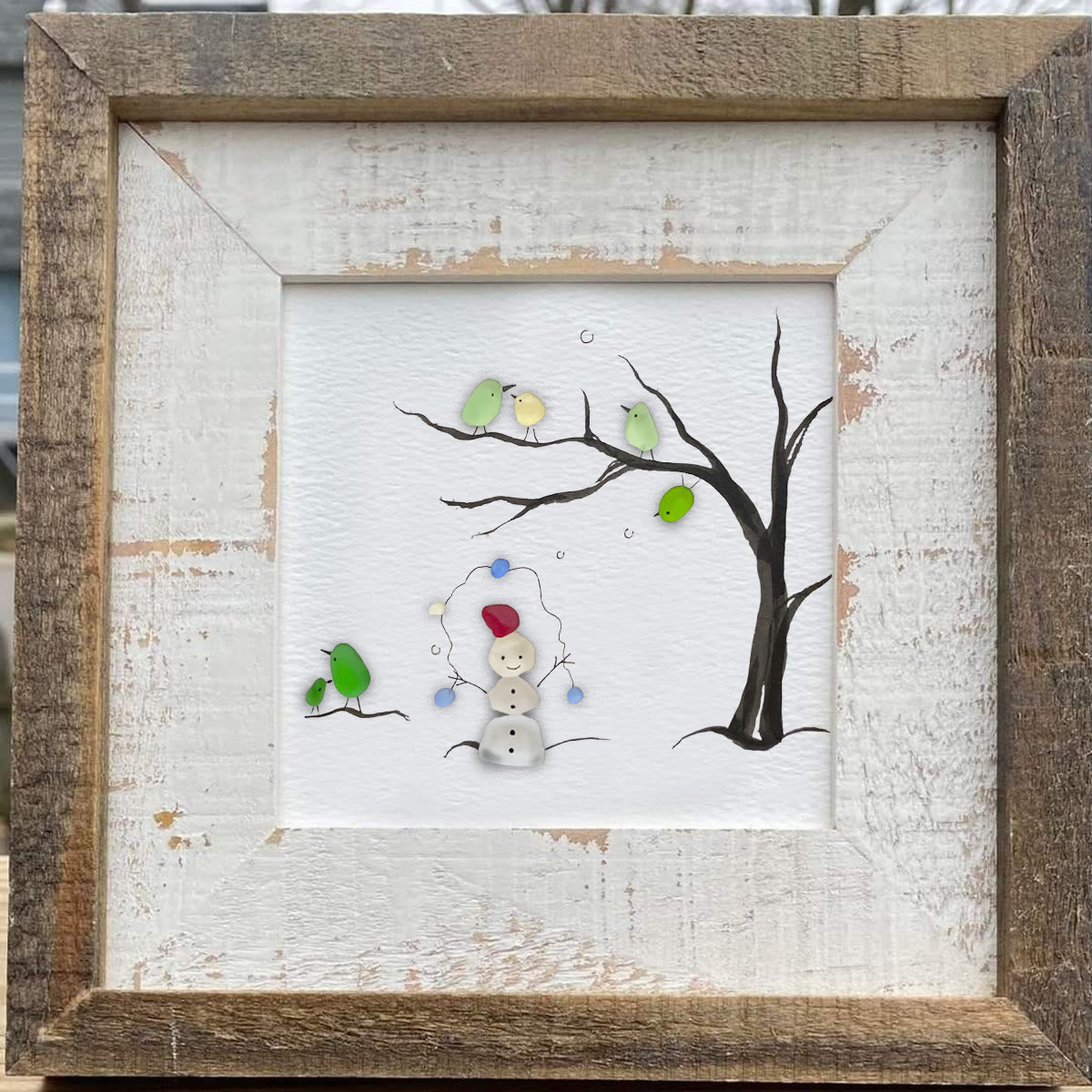 Winter Wonder Smiles Snowman and Birds Sea Glass Framed Art - image 5
