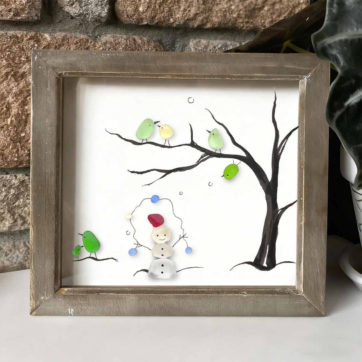 Winter Wonder Smiles Snowman and Birds Sea Glass Framed Art - image 7
