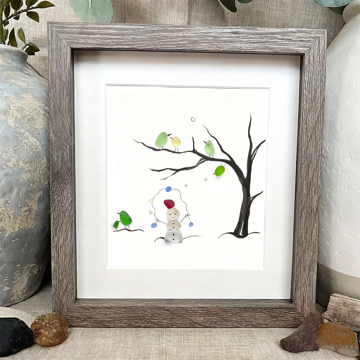 Winter Wonder Smiles Snowman and Birds Sea Glass Framed Art - image 8