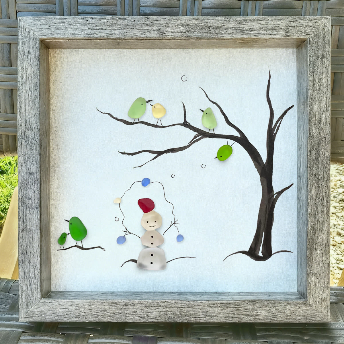 Winter Wonder Smiles Snowman and Birds Sea Glass Framed Art - image 0