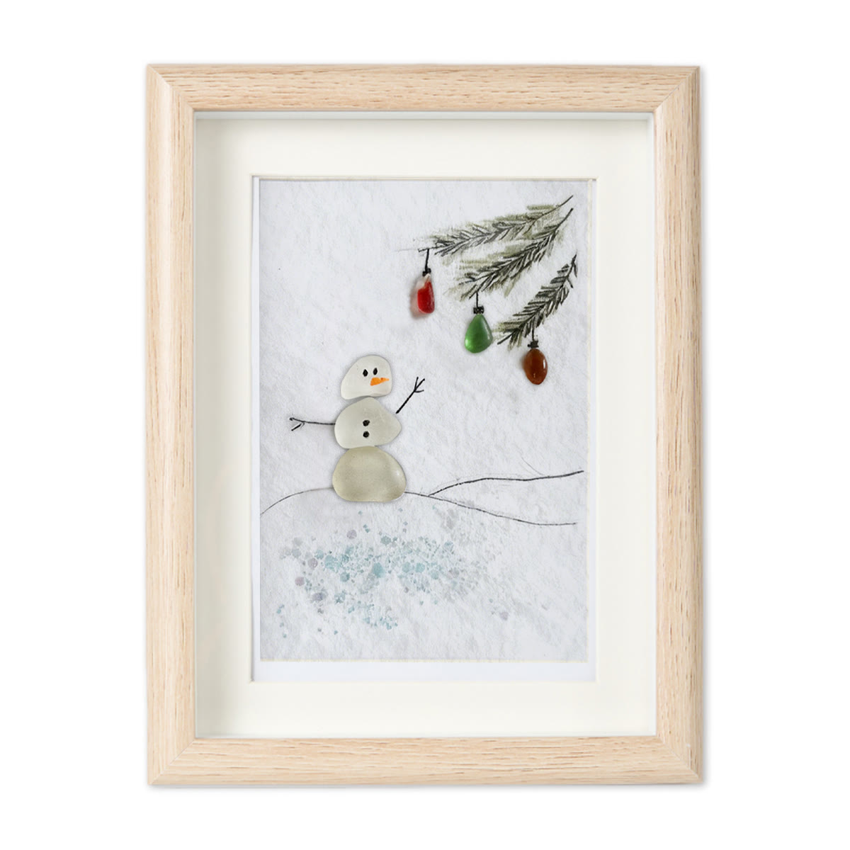 Festive Frost Delight Snowman Sea Glass Framed Art - Oak - 8" X 6" - image 10