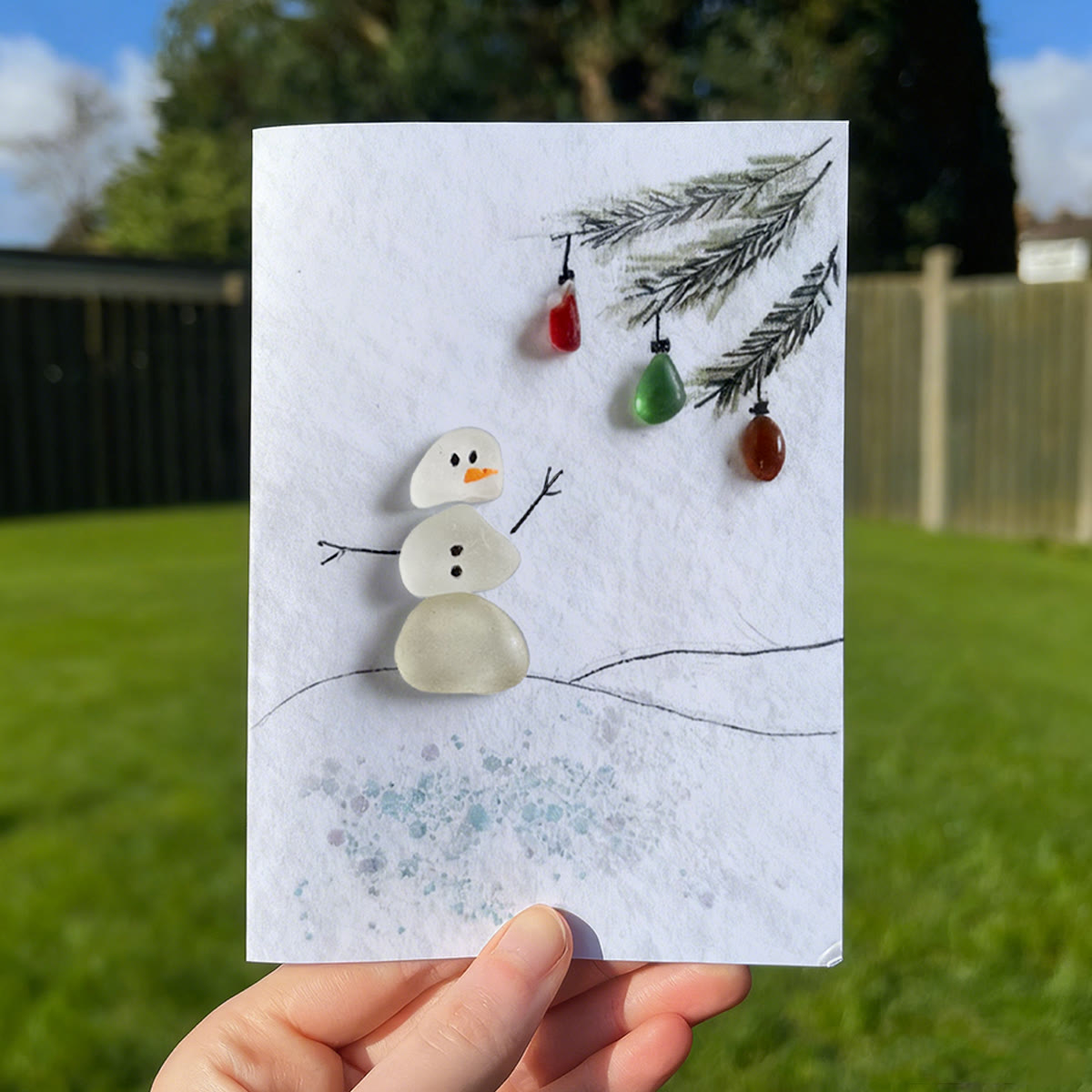 Festive Frost Delight Snowman Sea Glass Framed Art - Seaglass Card - 8" X 6" - image 1