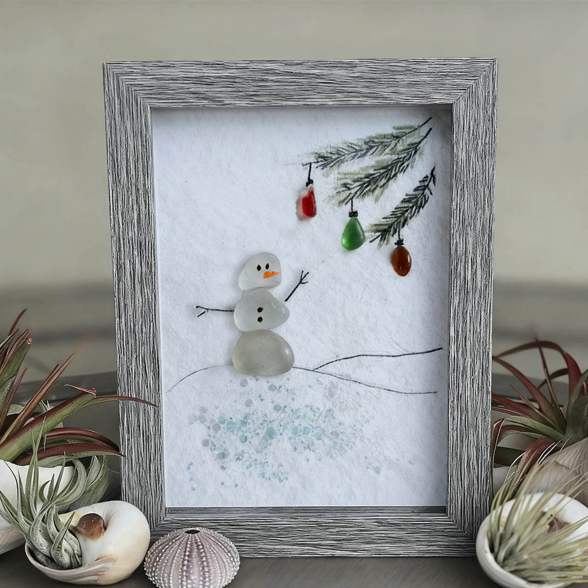 Festive Frost Delight Snowman Sea Glass Framed Art - image 2