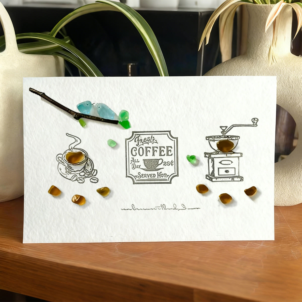 Fresh Coffee Sea Glass Framed Art - Seaglass Card - 6" X 8" - image 1