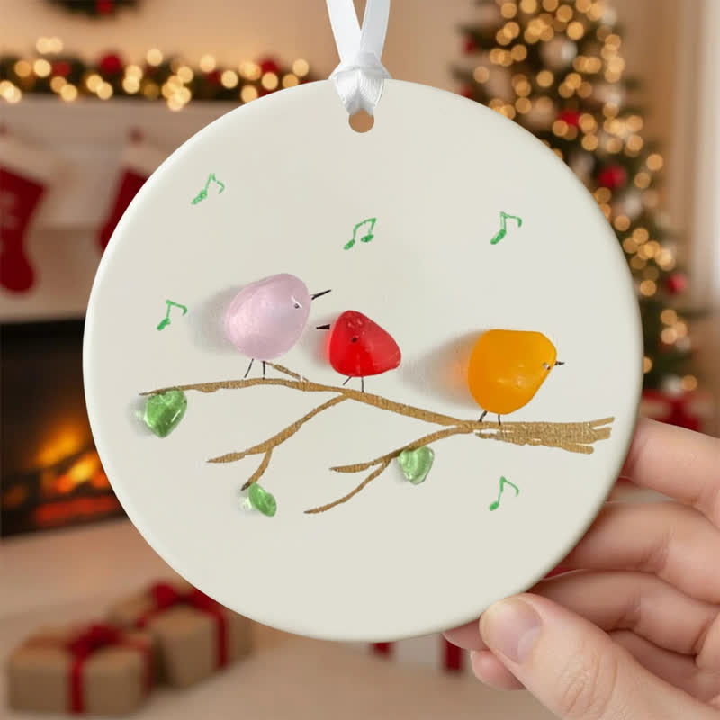 Three Chirping Music Birds Sea Glass Hanging Ornament - Round - Buy 5 Get 2 Free(7 Pcs) - image 0