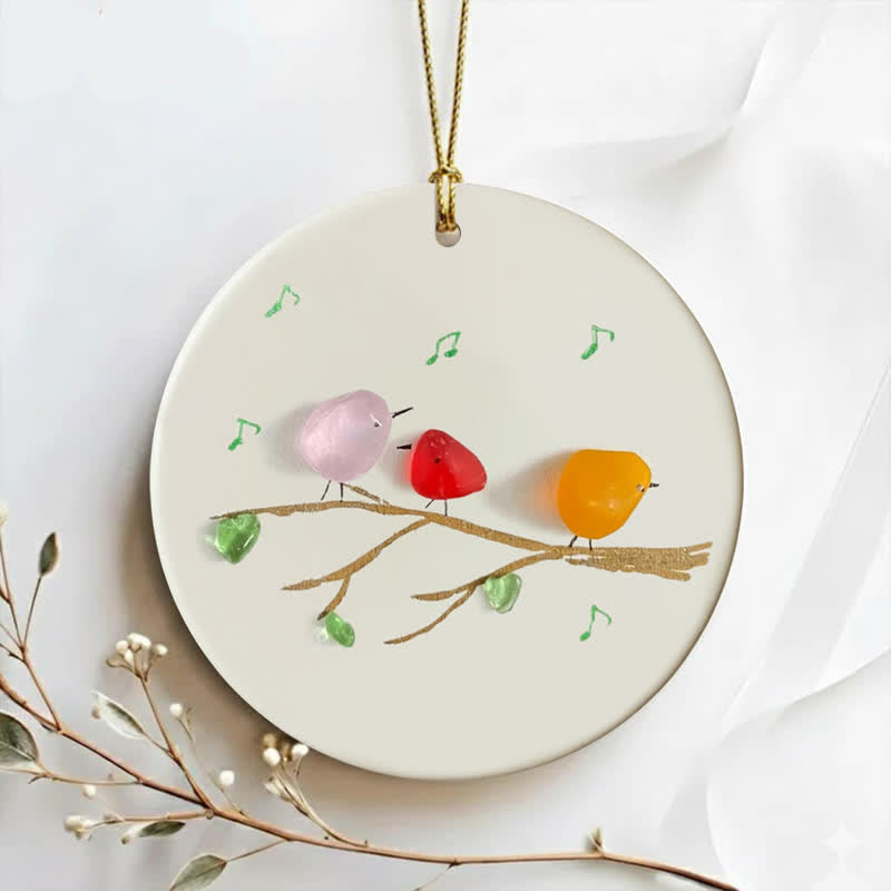 Three Chirping Music Birds Sea Glass Hanging Ornament - image 1