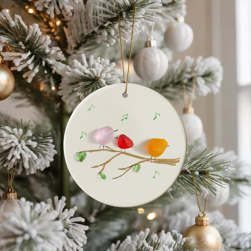 Three Chirping Music Birds Sea Glass Hanging Ornament - image 2