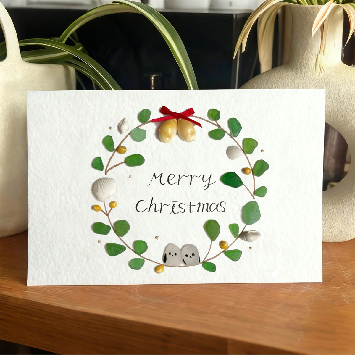 Christmas Wreath Holiday Harmony Sea Glass Framed Art - Seaglass Card - 6" X 8" - image 1
