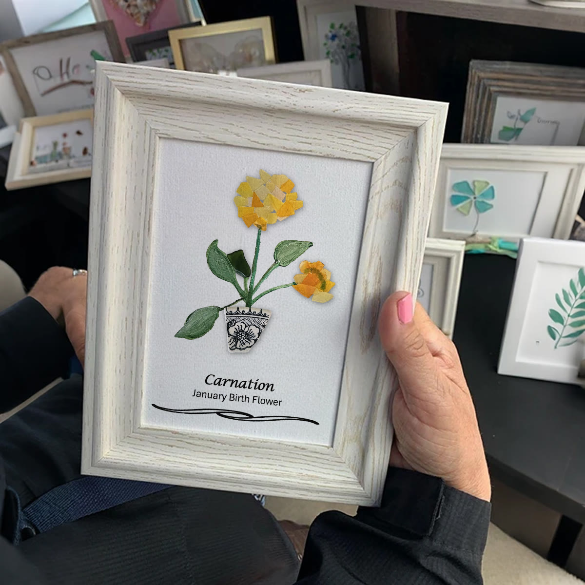January Birth Flower Carnation Sea Glass Framed Art - image 3