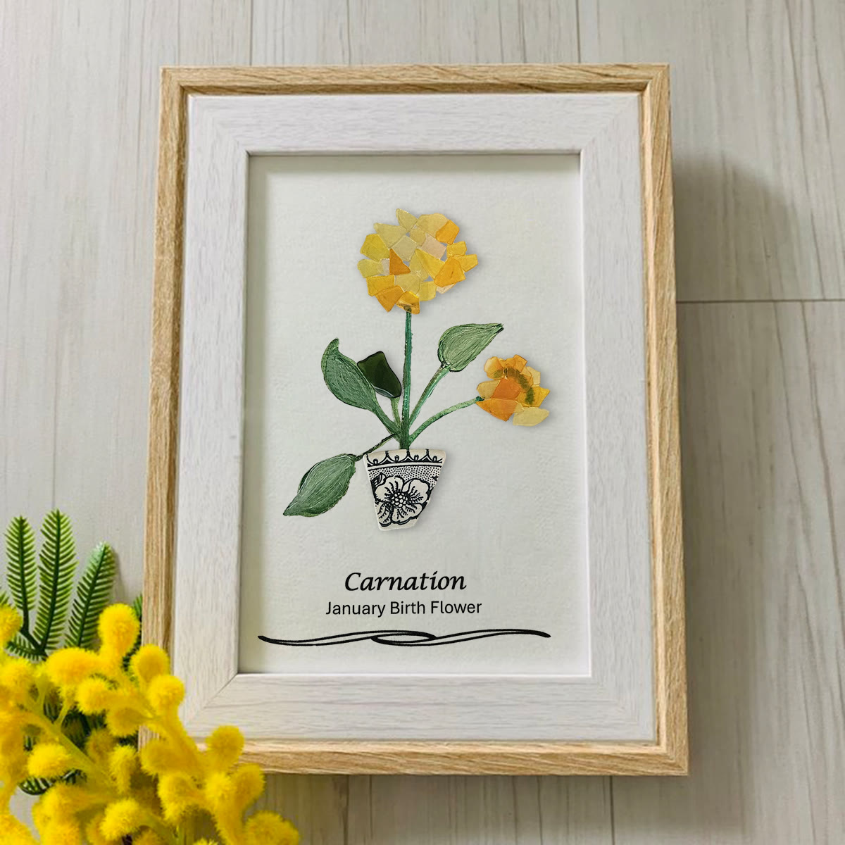 January Birth Flower Carnation Sea Glass Framed Art - image 0