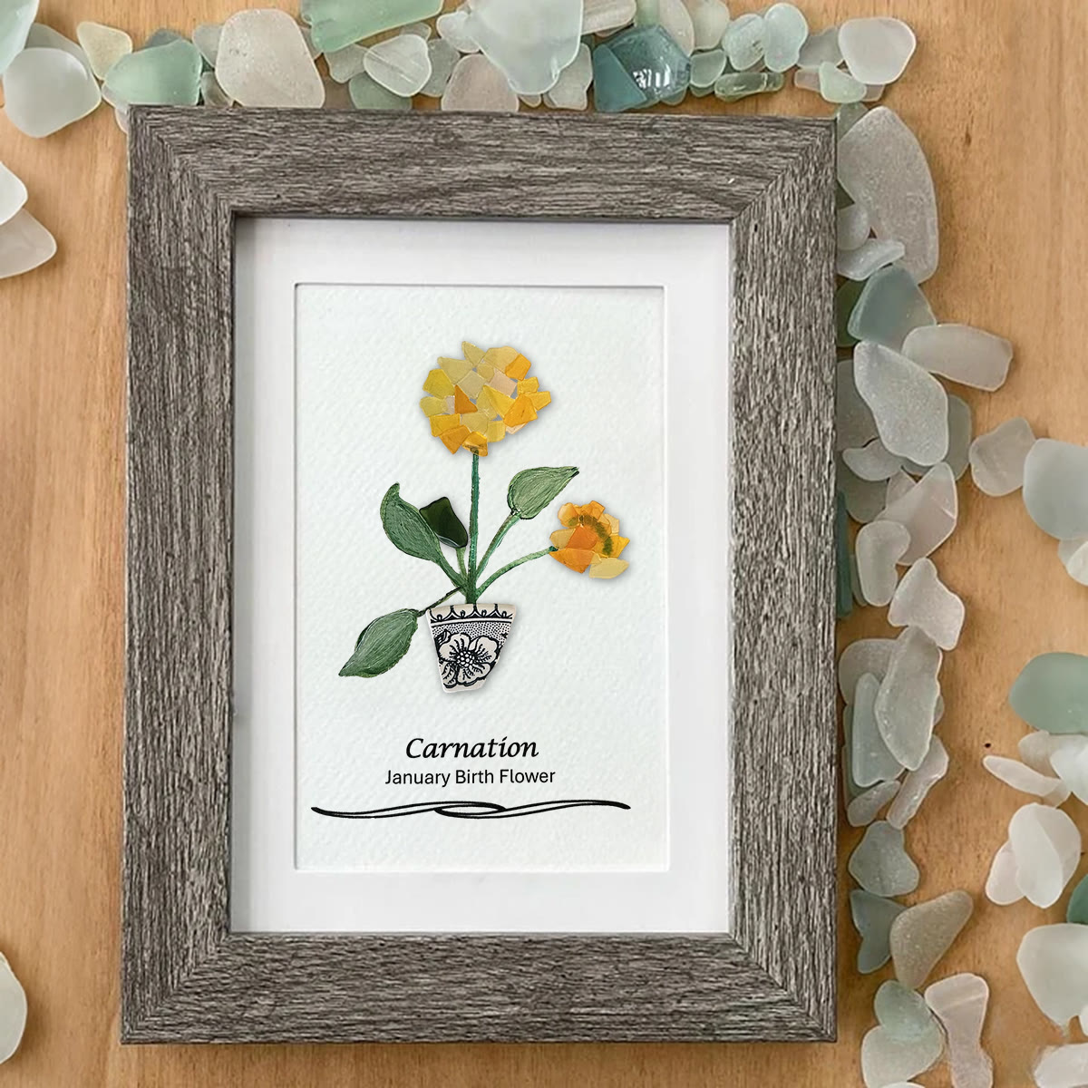 January Birth Flower Carnation Sea Glass Framed Art - image 5