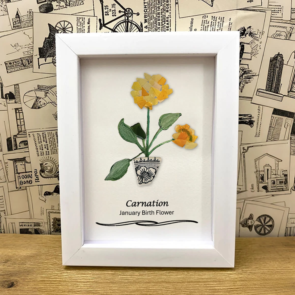 January Birth Flower Carnation Sea Glass Framed Art - image 2