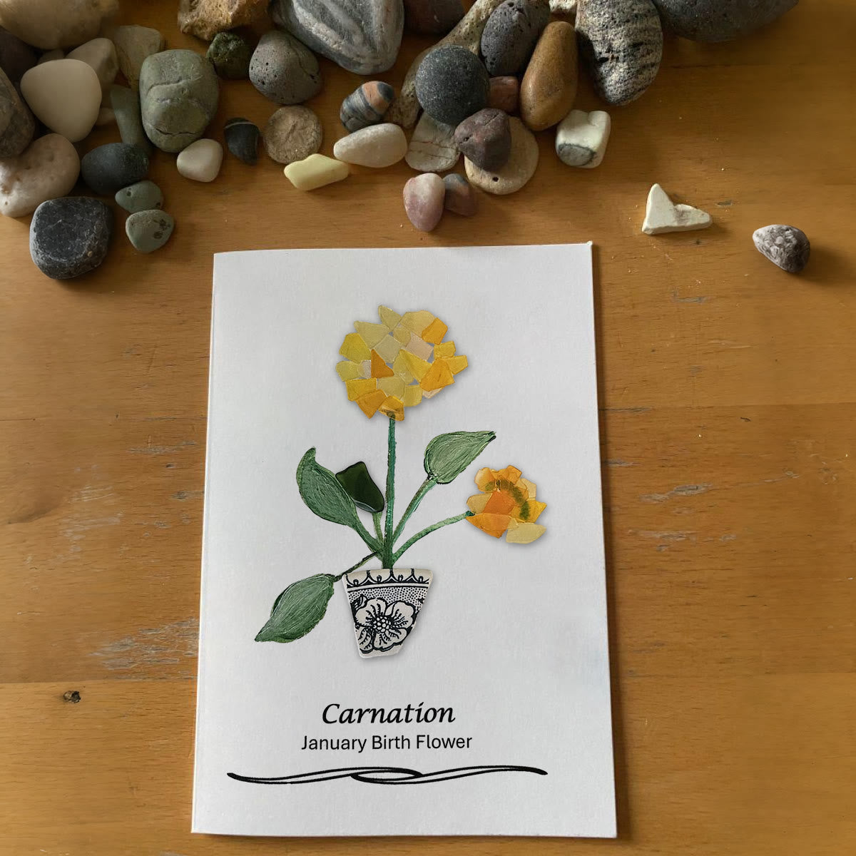 January Birth Flower Carnation Sea Glass Framed Art - Seaglass Card - 8" X 6" - image 1