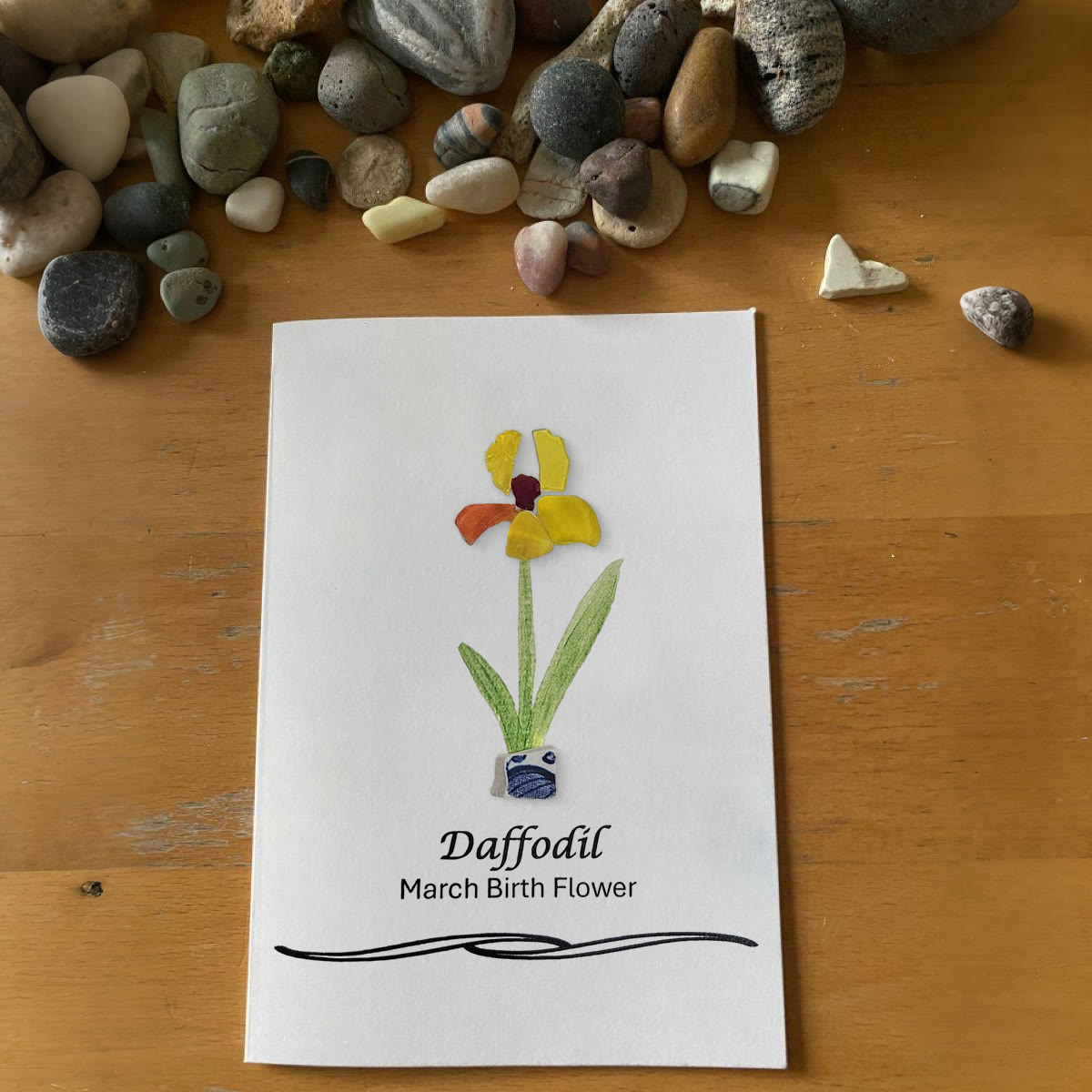 March Birth Flower Daffodil Sea Glass Framed Art - Seaglass Card - 8" X 6" - image 1