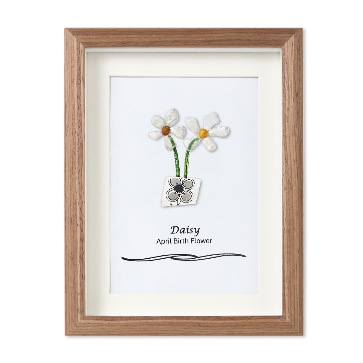 April Birth Flower Daisy Sea Glass Framed Art - Walnut Brown - 8" X 6" - image 10