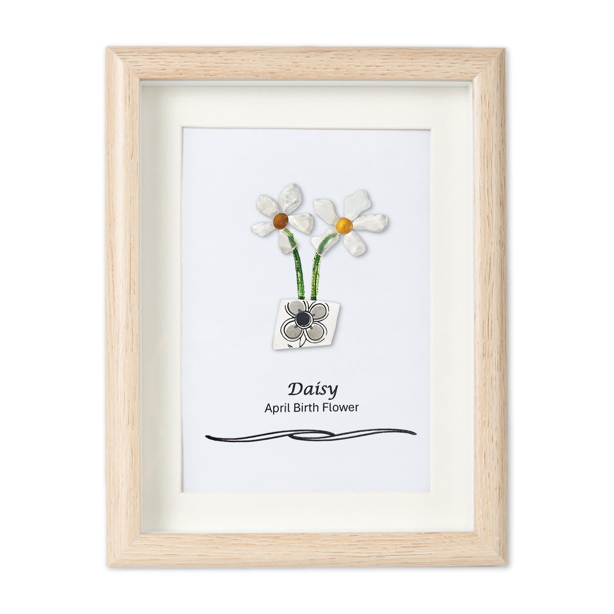 April Birth Flower Daisy Sea Glass Framed Art - Oak - 8" X 6" - image 9