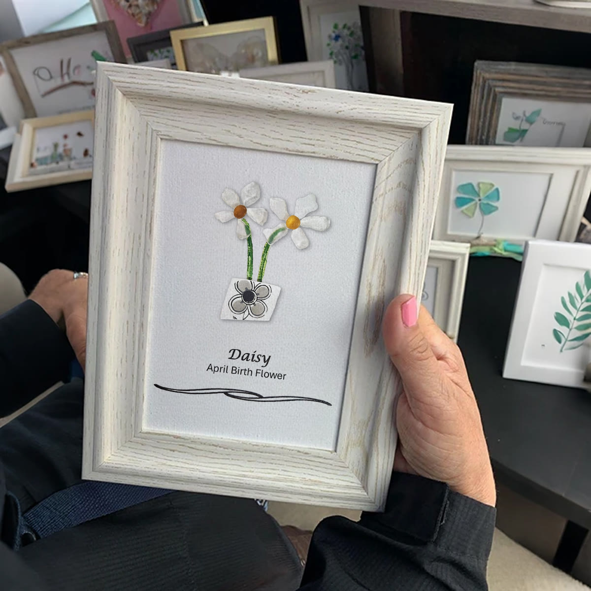 April Birth Flower Daisy Sea Glass Framed Art - image 3