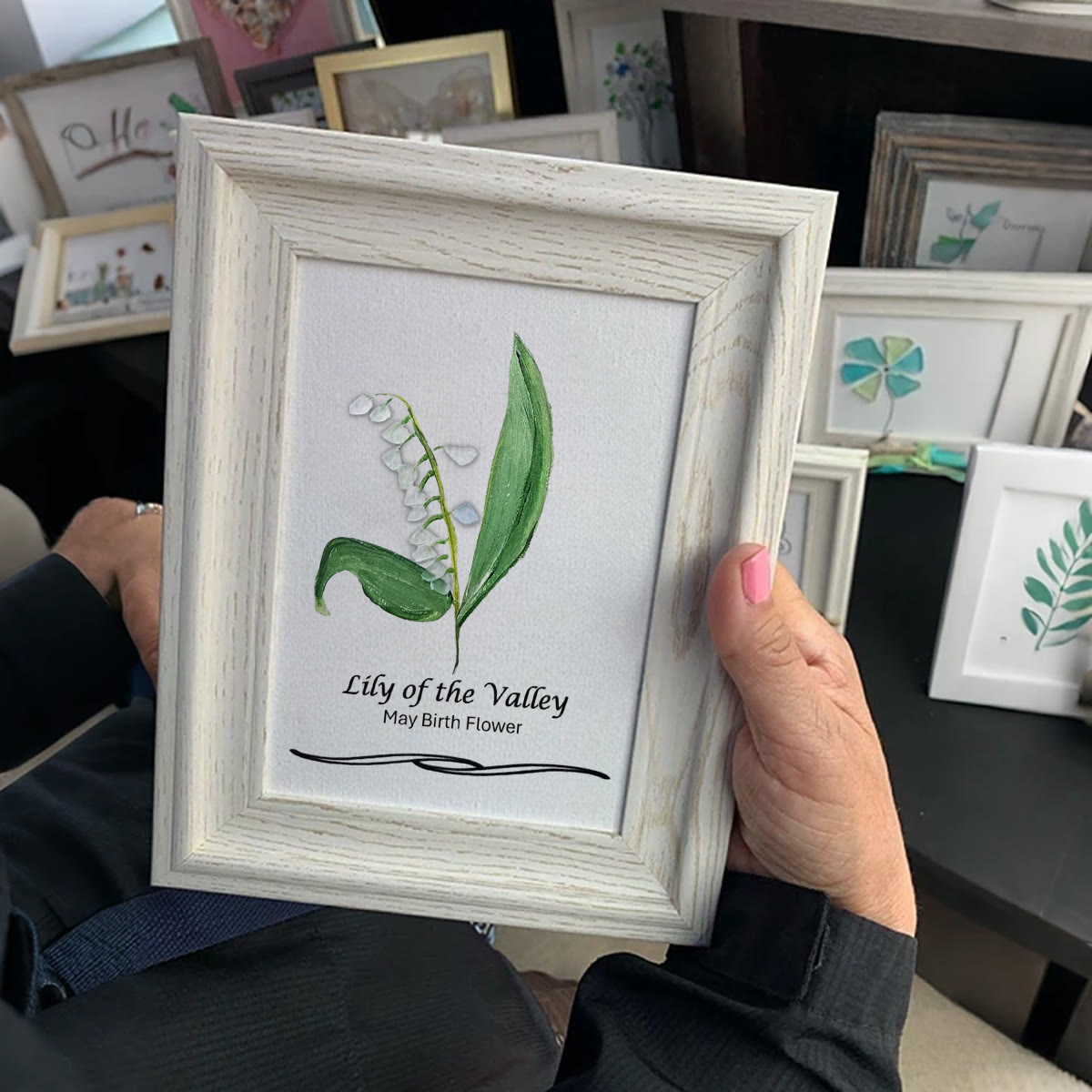 May Birth Flower Lily of the Valley Sea Glass Framed Art - image 2