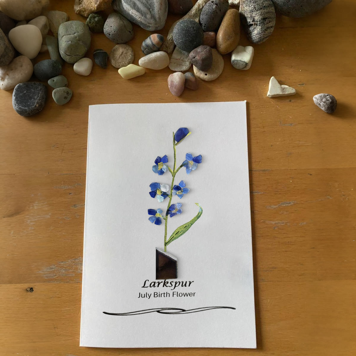 July Birth Flower Larkspur Sea Glass Framed Art - Seaglass Card - 8" X 6" - image 1