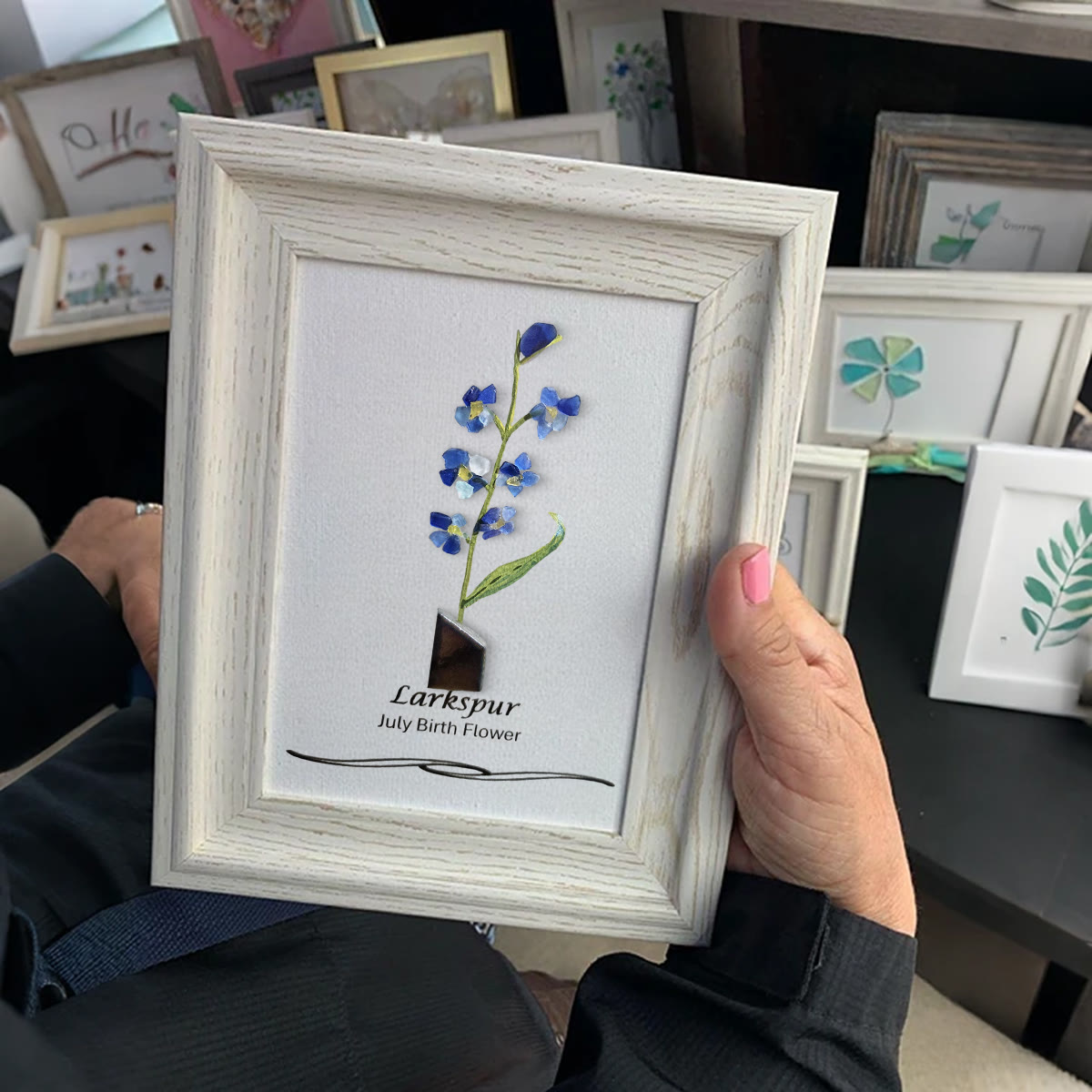 July Birth Flower Larkspur Sea Glass Framed Art - image 3