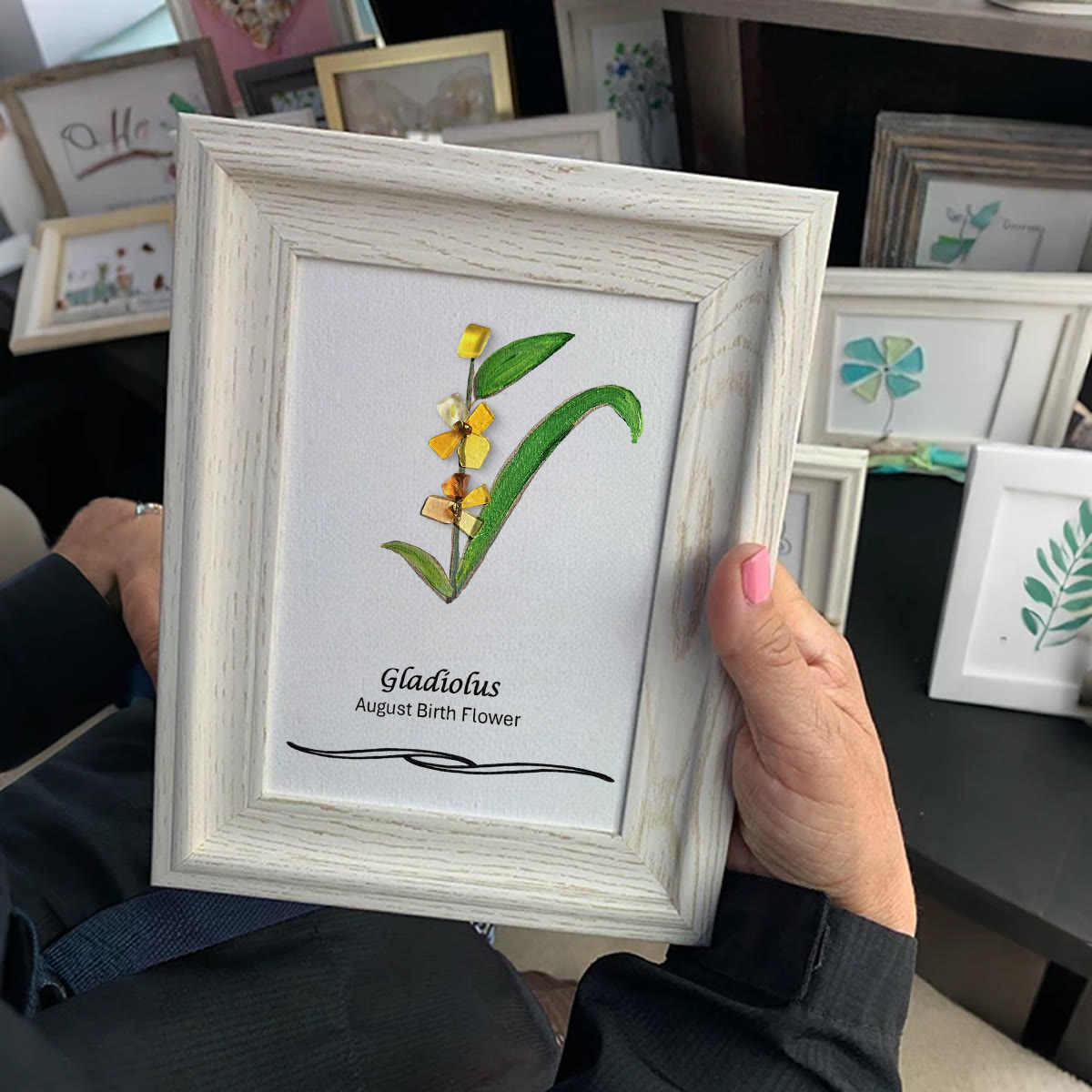 August Birth Flower Gladiolus Sea Glass Framed Art - image 3