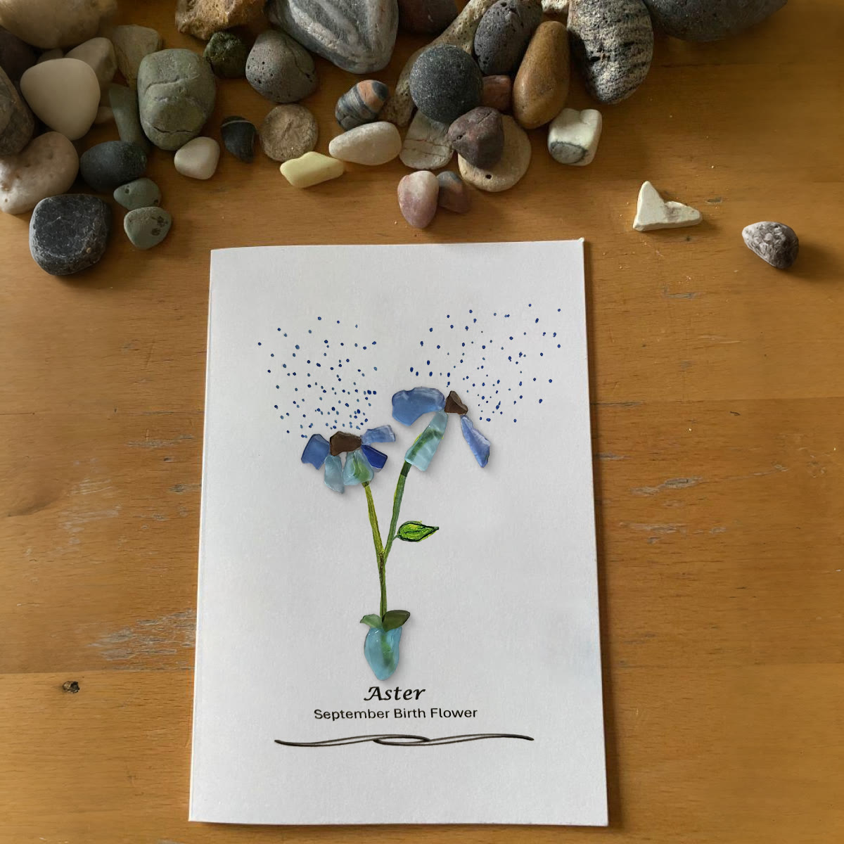 September Birth Flower Aster Sea Glass Framed Art - Seaglass Card - 8" X 6" - image 1