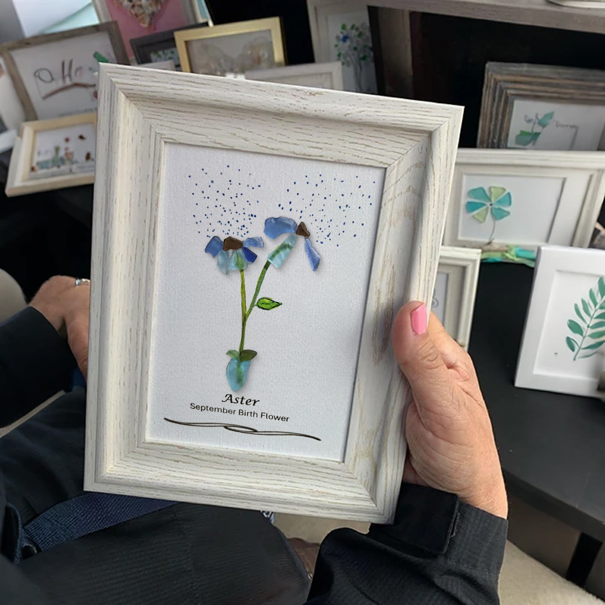 September Birth Flower Aster Sea Glass Framed Art - image 2