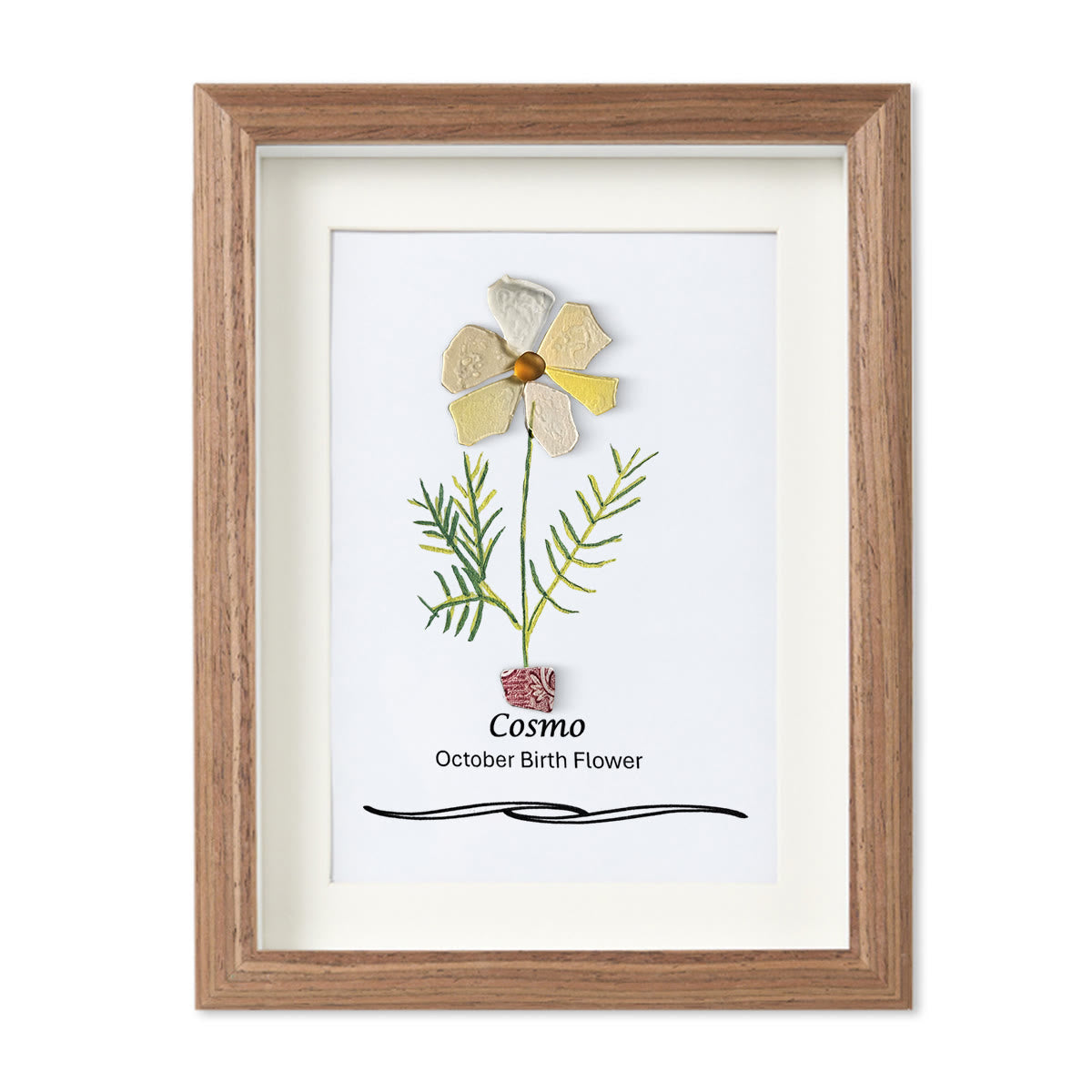 October Birth Flower Cosmo Sea Glass Framed Art - Walnut Brown - 8" X 6" - image 9