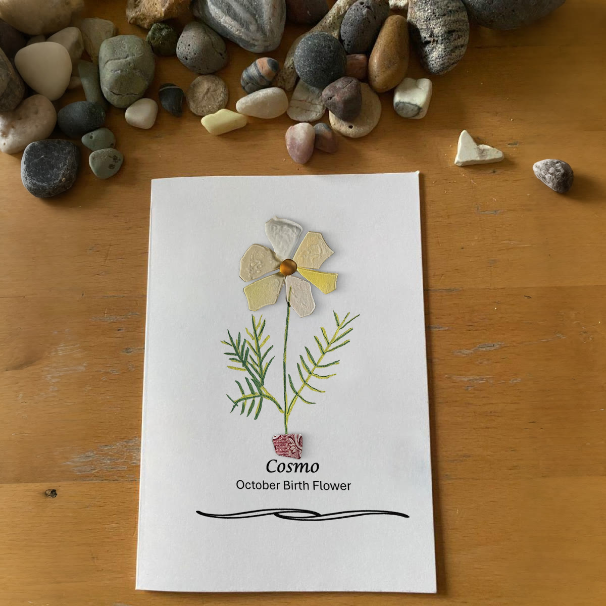 October Birth Flower Cosmo Sea Glass Framed Art - Seaglass Card - 8" X 6" - image 1