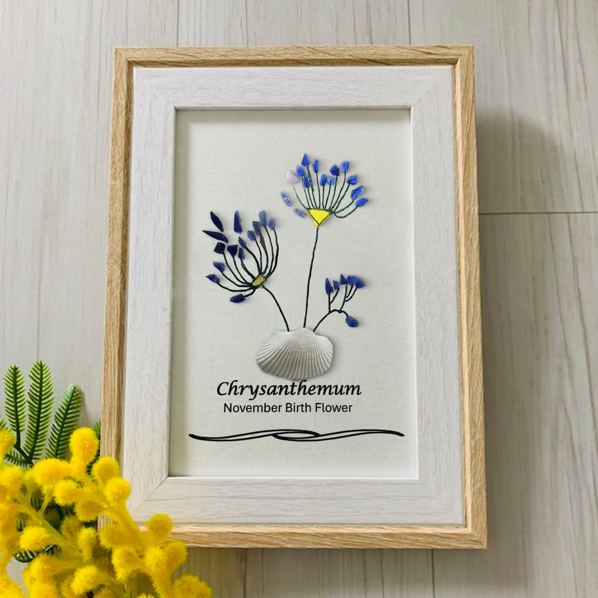 November Birth Flower Chrysanthemum Sea Glass Framed Art - image 0