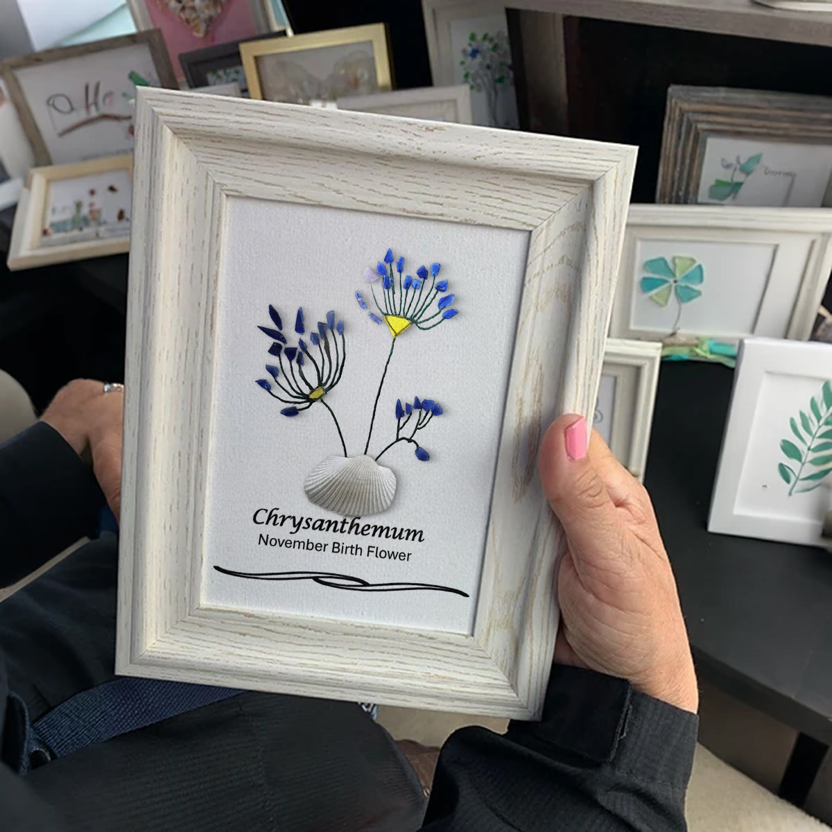 November Birth Flower Chrysanthemum Sea Glass Framed Art - image 3