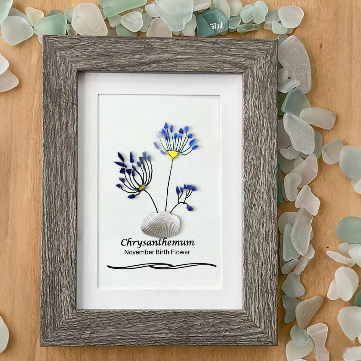 November Birth Flower Chrysanthemum Sea Glass Framed Art - image 4