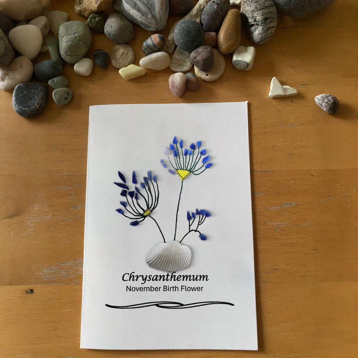 November Birth Flower Chrysanthemum Sea Glass Framed Art - Seaglass Card - 8" X 6" - image 1