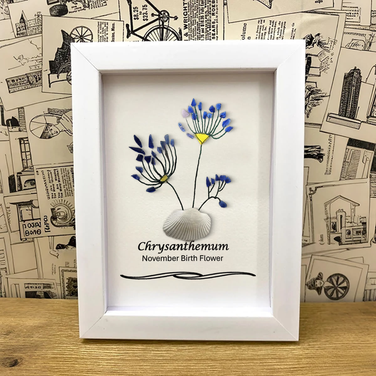 November Birth Flower Chrysanthemum Sea Glass Framed Art - image 2