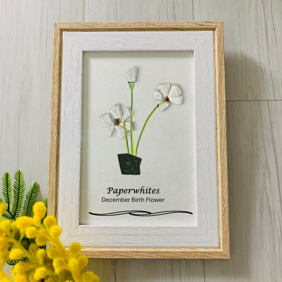 December Birth Flower Paperwhites Sea Glass Framed Art - image 0