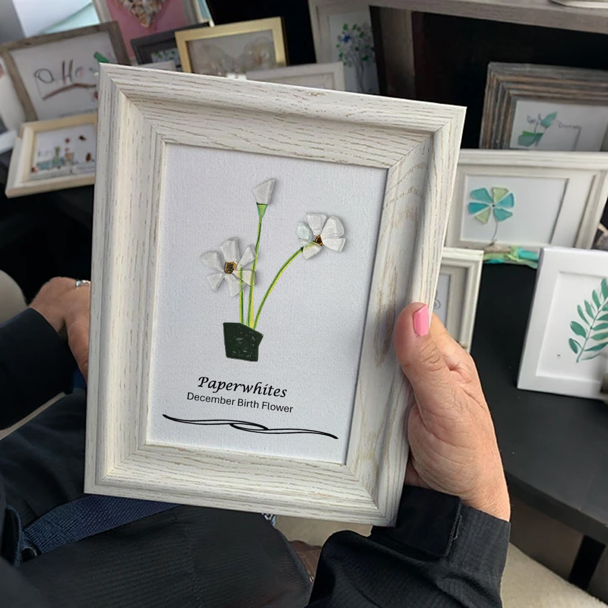 December Birth Flower Paperwhites Sea Glass Framed Art - image 3