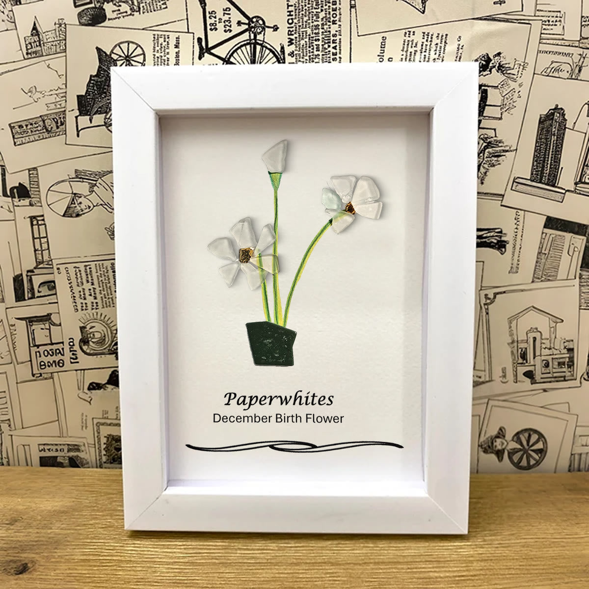 December Birth Flower Paperwhites Sea Glass Framed Art - image 2