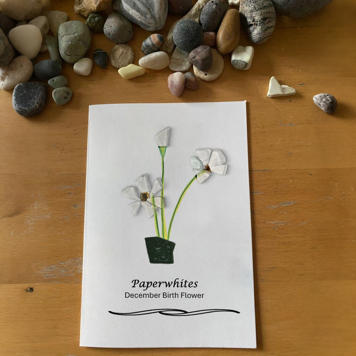 December Birth Flower Paperwhites Sea Glass Framed Art - Seaglass Card - 8" X 6" - image 1