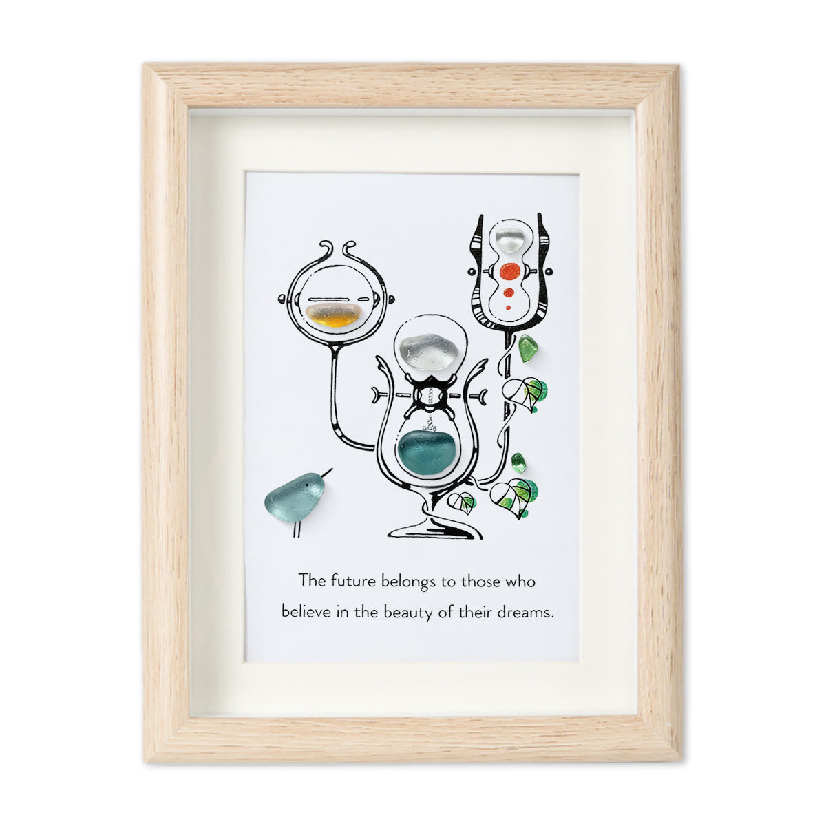 "Future of Dreams" Hourglass With Bird Sea Glass Framed Art - Oak - 8" X 6" - image 11