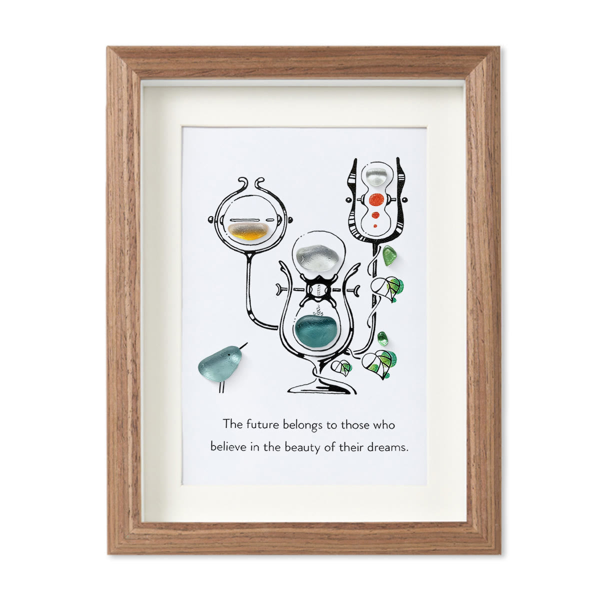 "Future of Dreams" Hourglass With Bird Sea Glass Framed Art - Walnut Brown - 8" X 6" - image 12