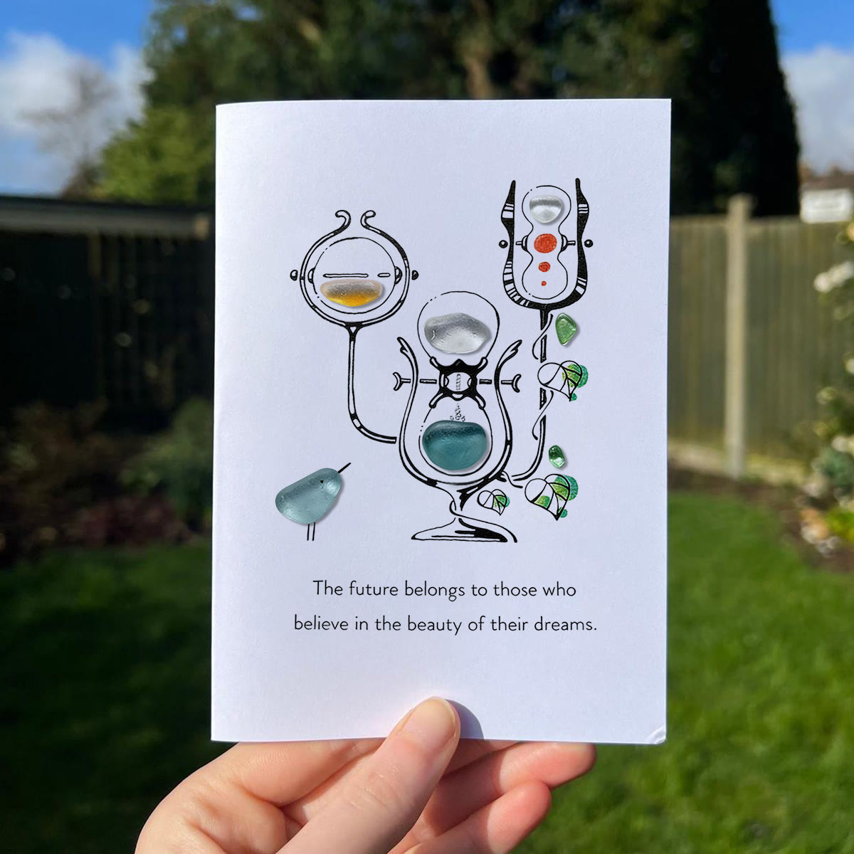 "Future of Dreams" Hourglass With Bird Sea Glass Framed Art - Seaglass Card - 8" X 6" - image 1