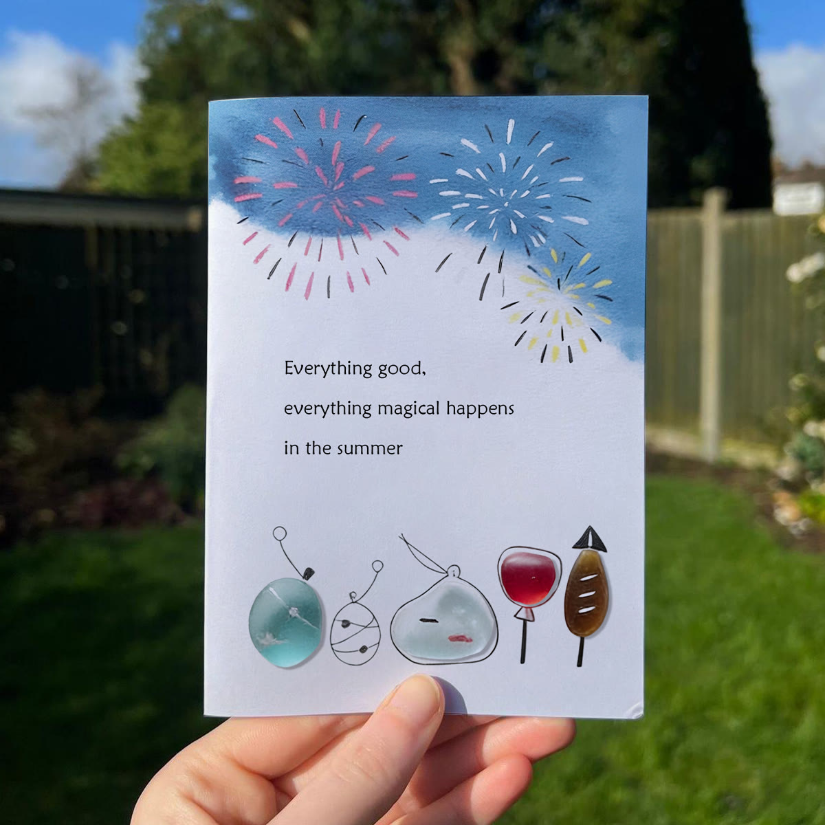 Summer Magical Firework Scene Sea Glass Framed Art - Seaglass Card - 8" X 6" - image 1