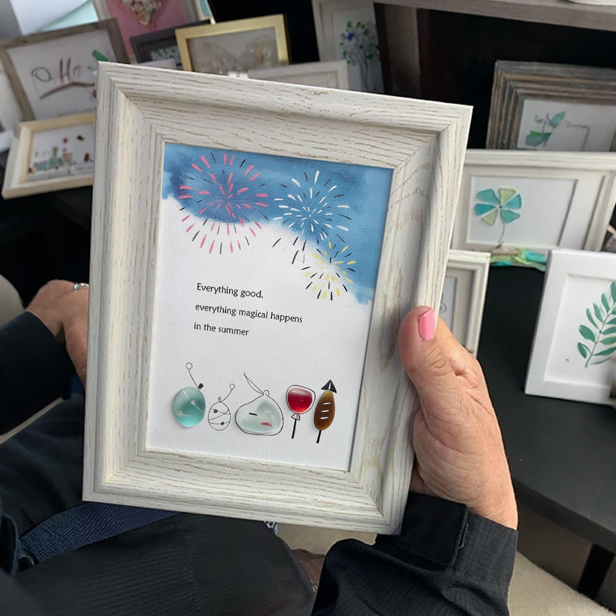 Summer Magical Firework Scene Sea Glass Framed Art - image 0