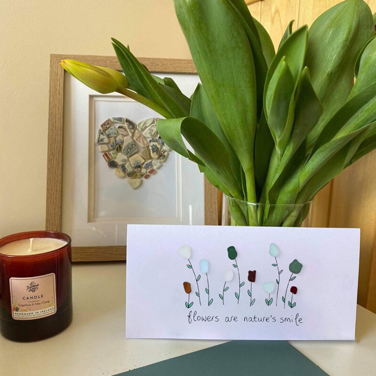 Flowers Are Nature's Smile Sea Glass Framed Art - Seaglass Card - 6" X 8" - image 1